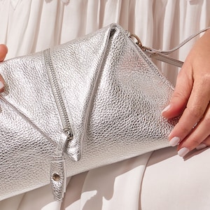 Silver Clutch Bag, Leather Clutch with Wrist Strap and Zipper, Evening Bag Silver, Wedding Clutch, Formal Handbag, Aliki Made to Order image 6