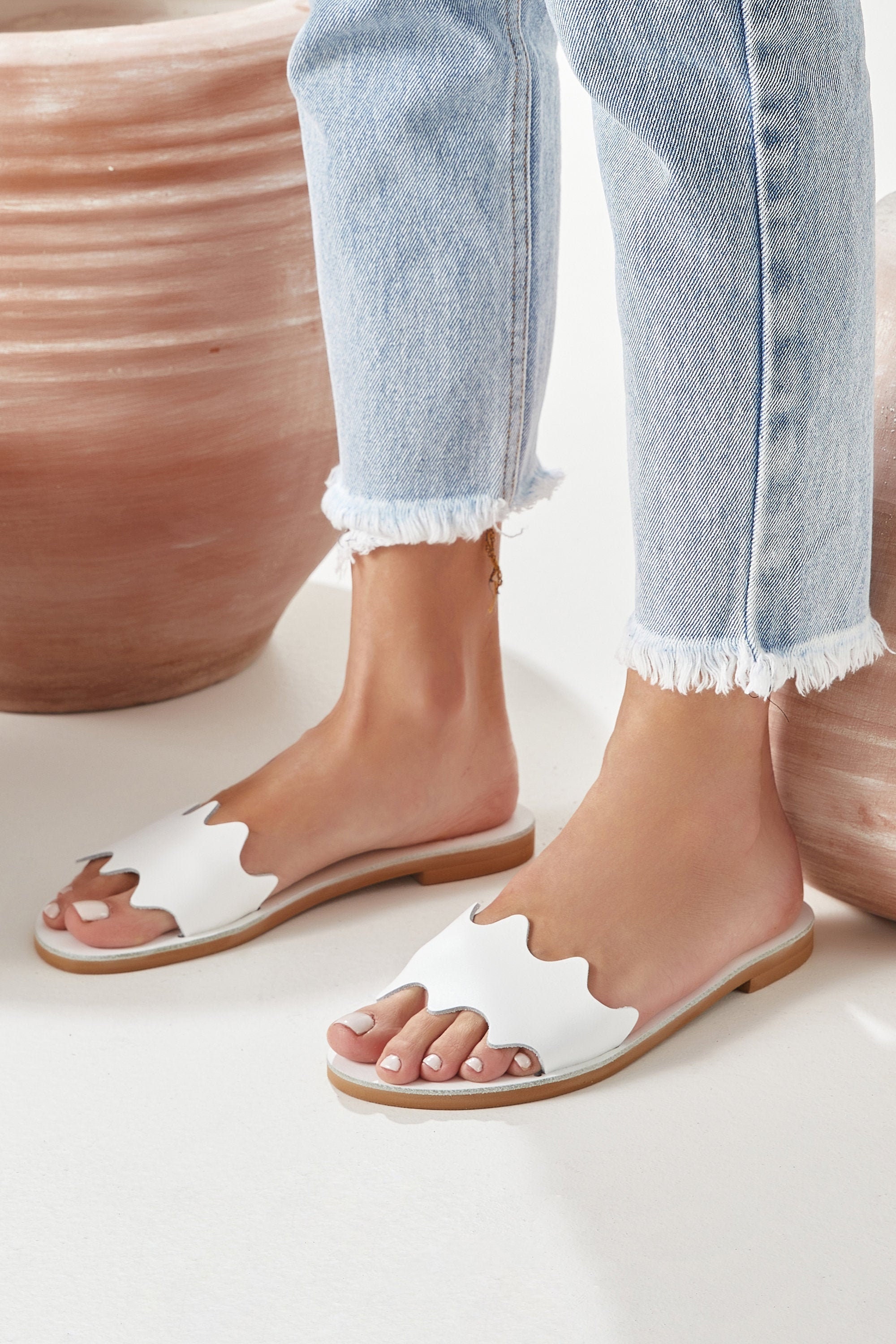white flat slide sandals