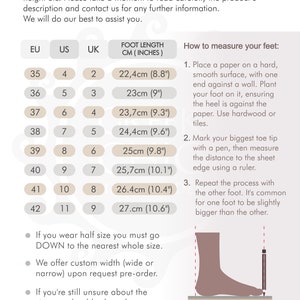 May include: Size guide chart for shoes with European, US, and UK sizes. The chart shows the corresponding foot length in centimeters and inches for each size. The chart also includes instructions on how to measure your feet.