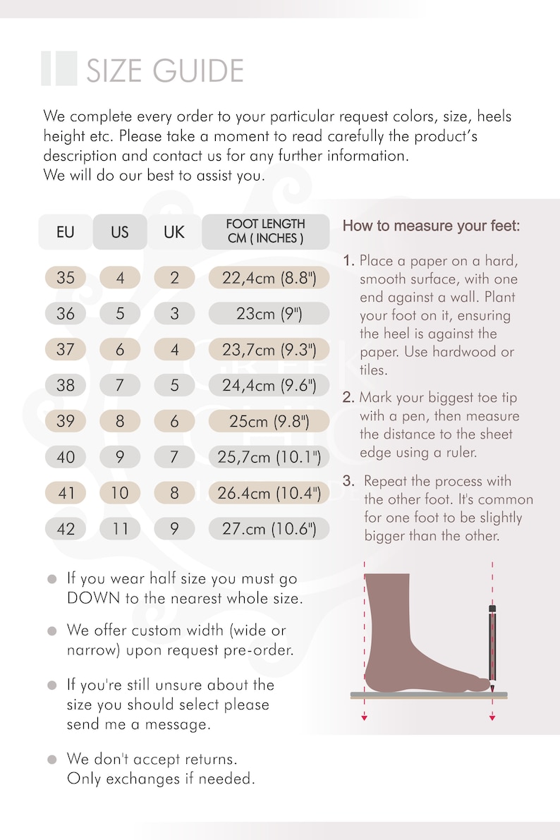 May include: Size guide chart for shoes with European, US, and UK sizes. The chart shows the corresponding foot length in centimeters and inches for each size. The chart also includes instructions on how to measure your feet.