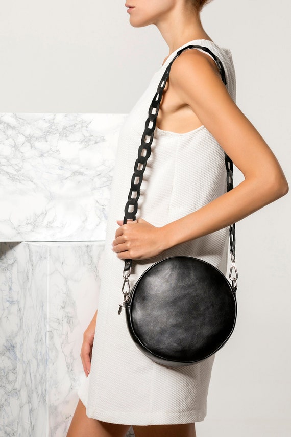 Black Crossbody Bag Black Leather Round Bag Small Leather Etsy