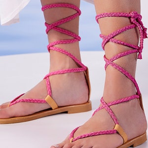 Tan Leather Flat Sandals with Fuchsia Handbraided Straps