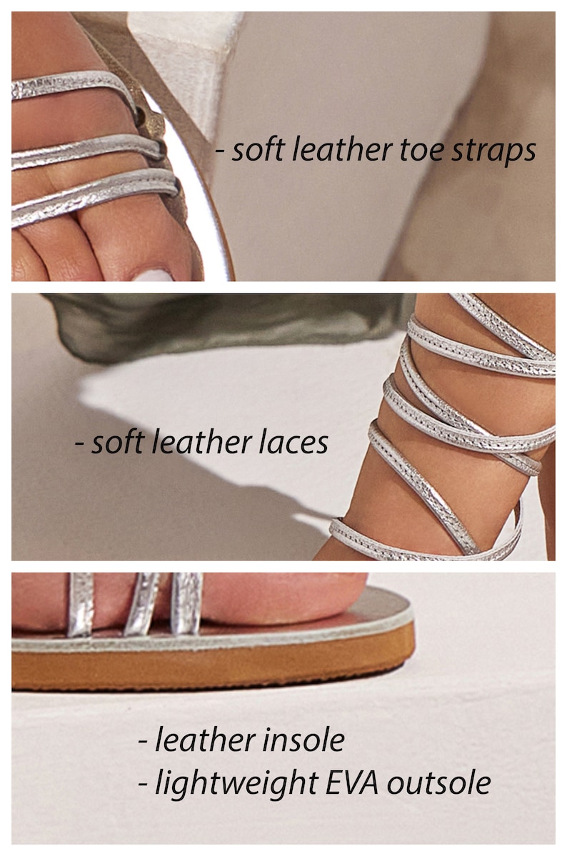 May include: Silver leather sandals with a wraparound ankle strap and a lightweight EVA outsole. The sandals have a leather insole and soft leather laces.