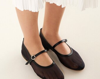 Black Mesh Flat Shoes, Mary Jane Flats, Fishnet Shoes, Transparent