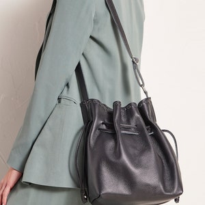 Black Leather Bucket Bag for Women Handmade Drawstring - Etsy