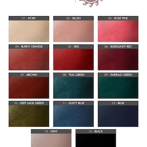 May include: A color chart showing 14 different velvet colors, including ivory, blush, rose pink, burnt orange, red, burgundy red, brown, teal green, emerald green, deep sage green, dusty blue, blue, gray, and black.