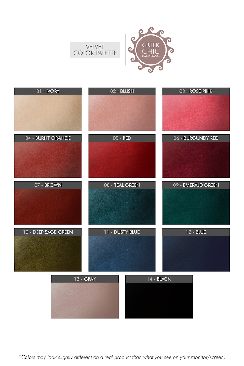 May include: A color chart showing 14 different velvet colors, including ivory, blush, rose pink, burnt orange, red, burgundy red, brown, teal green, emerald green, deep sage green, dusty blue, blue, gray, and black.
