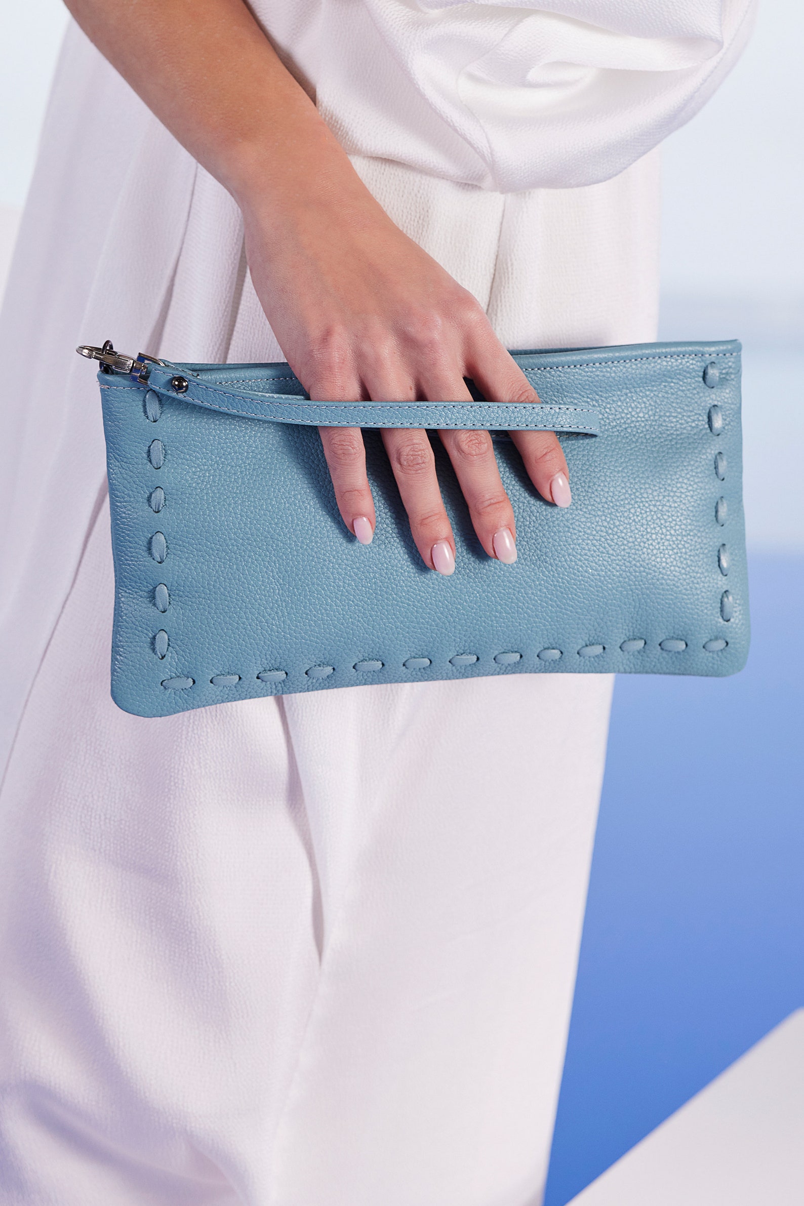 Blue Gray Leather Clutch Bag Wrist Strap Clutch Clutch With Etsy