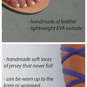 Puede incluir: Sandalias de cuero morado con suela EVA ligera y cordones de jersey suave que se pueden usar hasta la rodilla o envolver alrededor del tobillo.