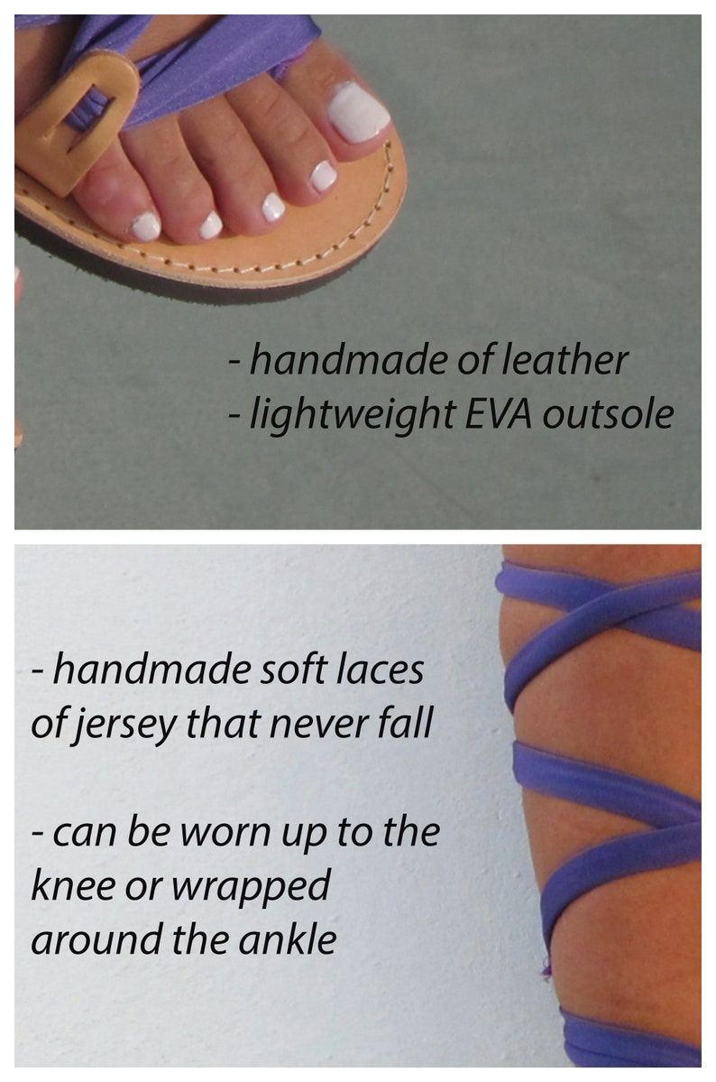 Puede incluir: Sandalias de cuero morado con suela EVA ligera y cordones de jersey suave que se pueden usar hasta la rodilla o envolver alrededor del tobillo.