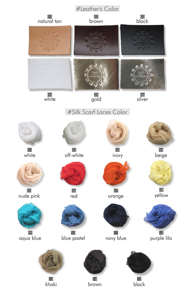 May include: A chart showing 15 different colors of leather and silk scarf laces. The leather colors are natural tan, brown, black, white, gold, and silver. The silk scarf lace colors are white, off-white, ivory, beige, nude pink, red, orange, yellow, aqua blue, blue pastel, navy blue, purple lila, khaki, brown, and black.