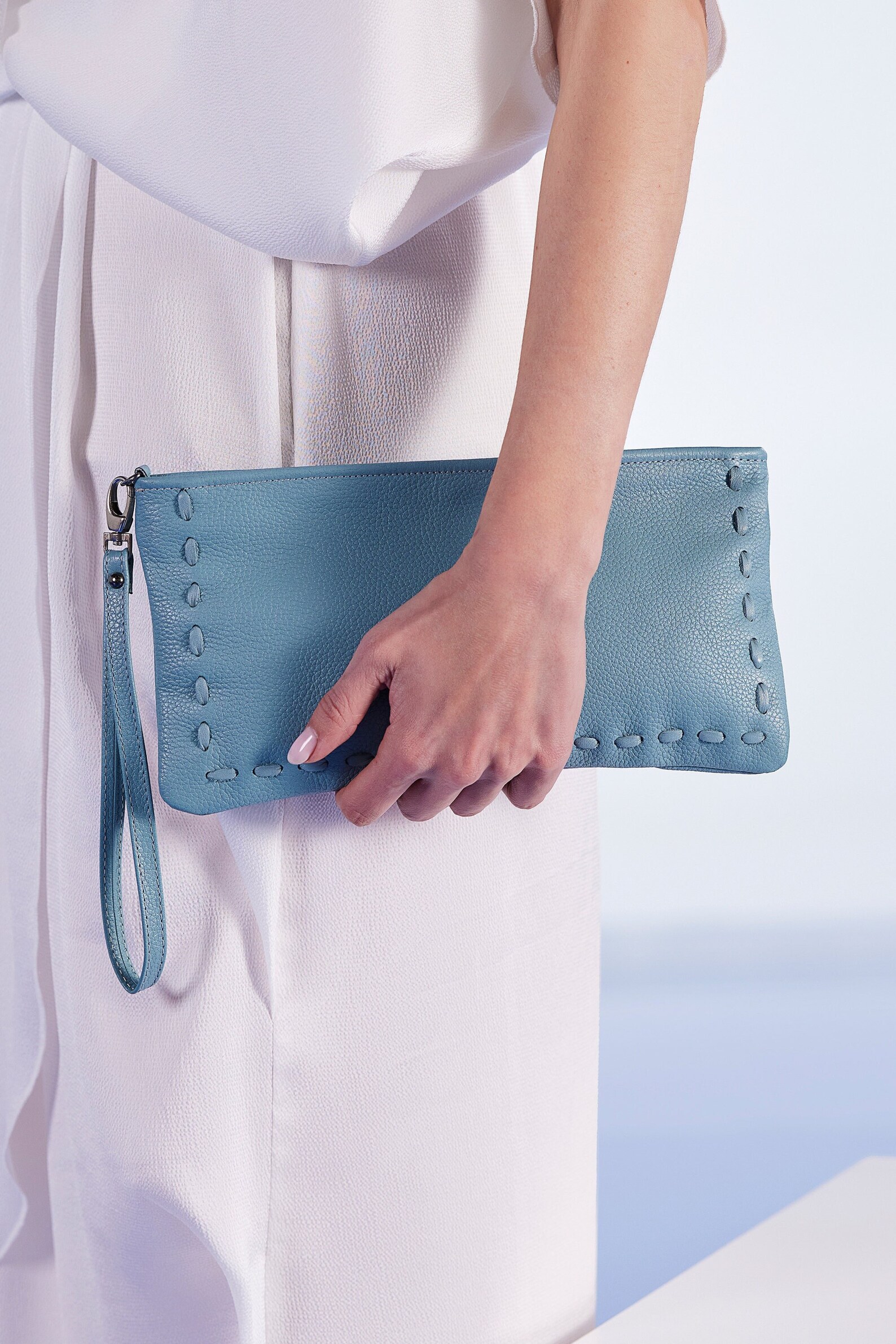 Blue Gray Leather Clutch Bag Wrist Strap Clutch Clutch With Etsy