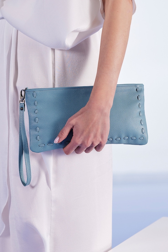 Blue Gray Leather Clutch Bag Wrist Strap Clutch Clutch With - Etsy