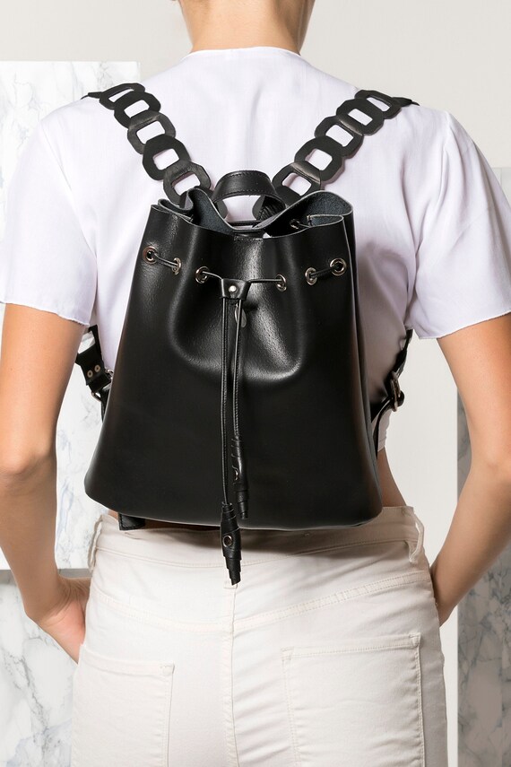 Chic Black Leather Backpack with Chain Straps Real Black Leather Backpack With Chain - A Stylish and  main image 2