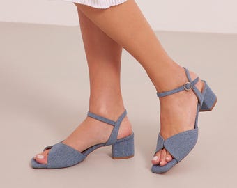 Denim Slingback Sandals with Ankle Strap in 3 Heel Heights, "Kore", Made to Order