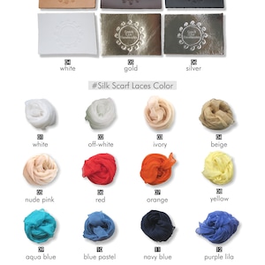 May include: A chart showing 15 different colors of leather and silk scarf laces. The leather colors are natural tan, brown, black, white, gold, and silver. The silk scarf lace colors are white, off-white, ivory, beige, nude pink, red, orange, yellow, aqua blue, blue pastel, navy blue, purple lila, khaki, brown, and black.