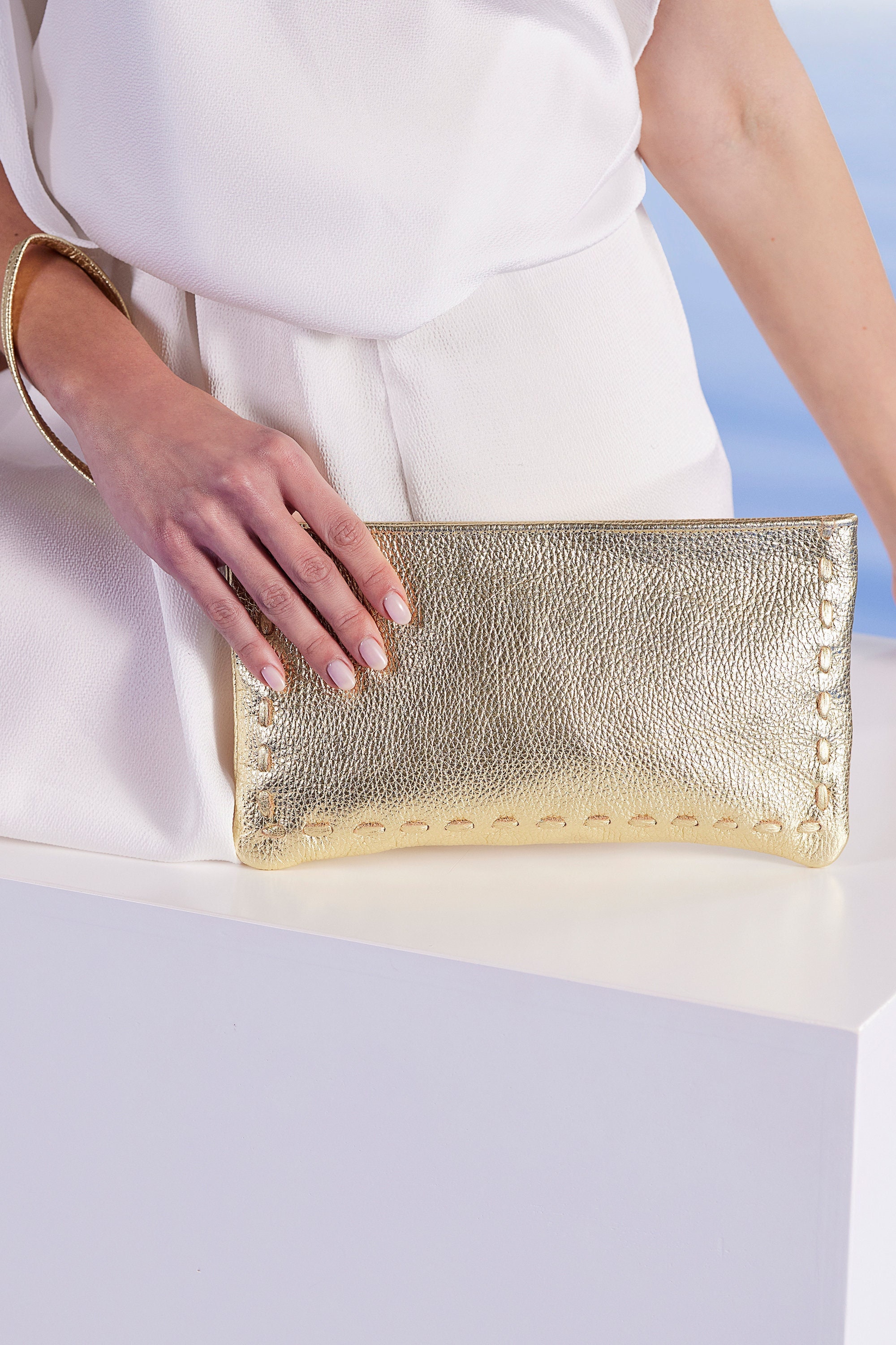 Gold Clutch Bag, Leather Clutch With Wrist Strap and Zipper