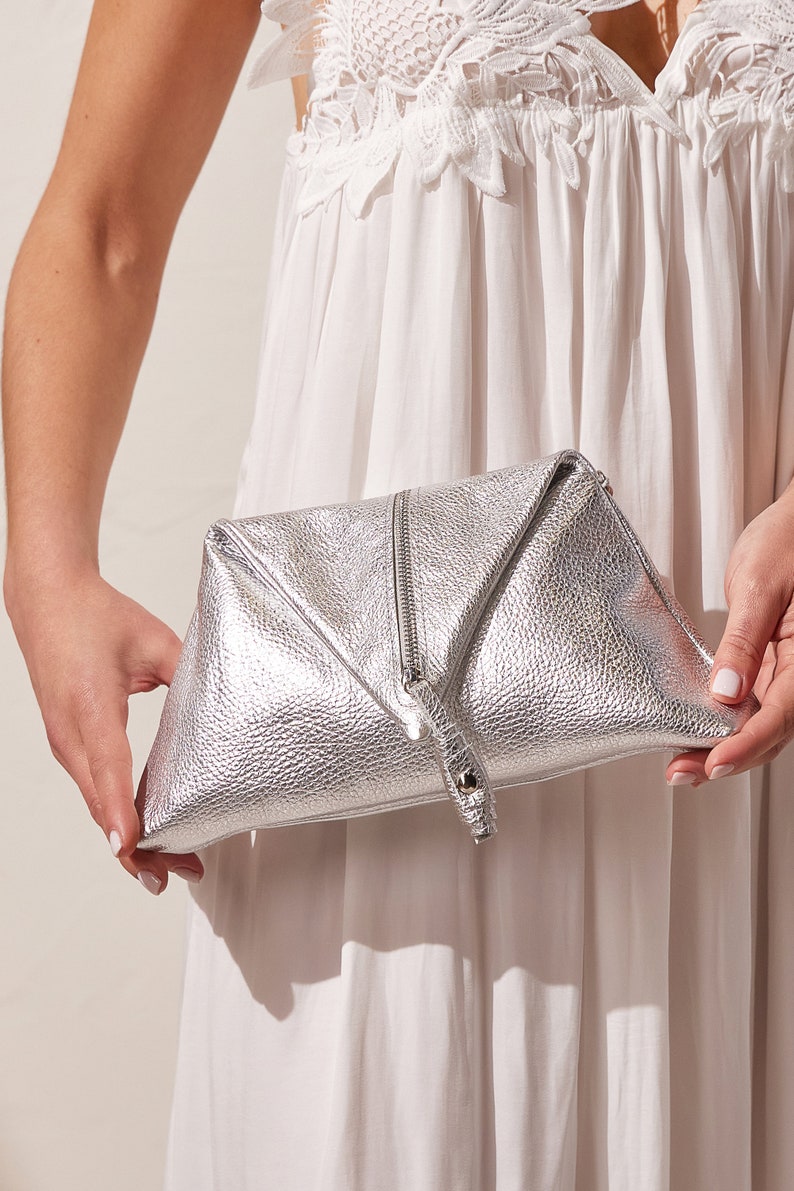 Silver Clutch Bag, Leather Clutch with Wrist Strap and Zipper, Evening Bag Silver, Wedding Clutch, Formal Handbag, Aliki Made to Order image 4