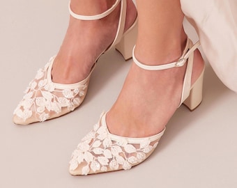 Ivory Lace Wedding Shoes, Embroidered Bridal Block Heels Slingbacks, "Erietta", Made to Order