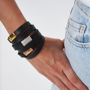 Set of 3 Leather Wrap Bracelets, Leather Bracelets, Women Bracelets, White Bracelets, Gift for Her, Chara, Custom Made Black