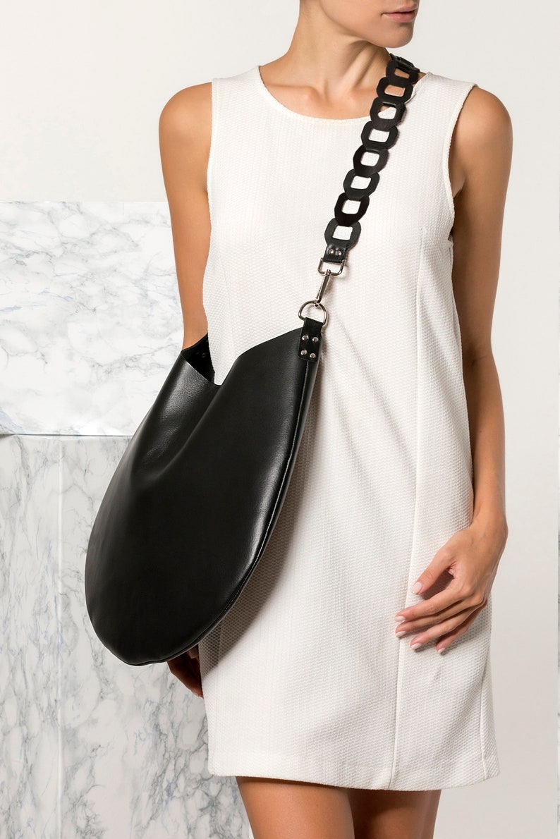 Handmade black leather shoulder bag for women