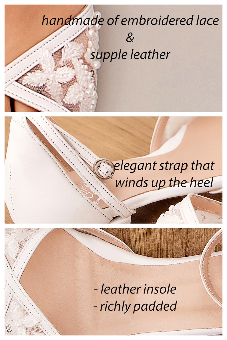 May include: White bridal shoes with delicate embroidered lace detailing and a leather insole. The shoes feature a strap that wraps around the ankle and a small buckle.