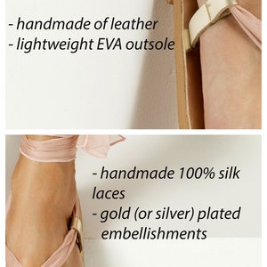 May include: A pair of sandals with a leather upper and a lightweight EVA outsole. The sandals are adorned with handmade silk laces and gold plated embellishments. The sandals are fully customizable.