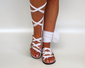 Silver with White Leather Sandals, Lace up Sandals, Wedding Sandals, Women Leather Sandals, Custom made  "APHRODITE" Custom Made