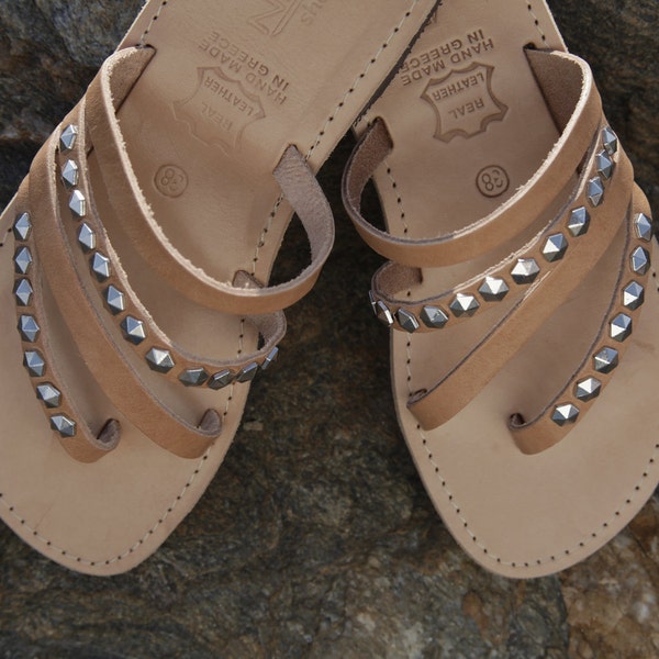 Special Sale. Leather Sandals, handmade, with silver studs  "HEBE". European 39 - US 8 - 8,5. Ready  To Ship.