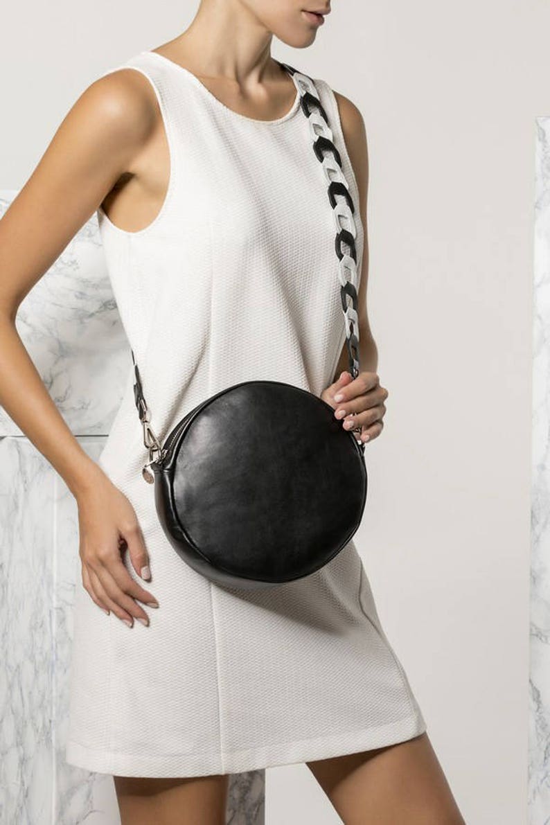 Black Crossbody Bag Black Leather Round Bag Small Leather Etsy