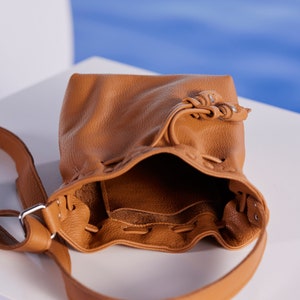 Women Leather Small Shoulder Bag in Camel Brown Color with interior pockets