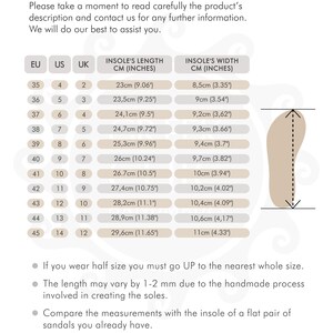 May include: A size guide for flat sandals with a chart showing European, US, and UK shoe sizes, along with corresponding insole length and width measurements in centimetres and inches.