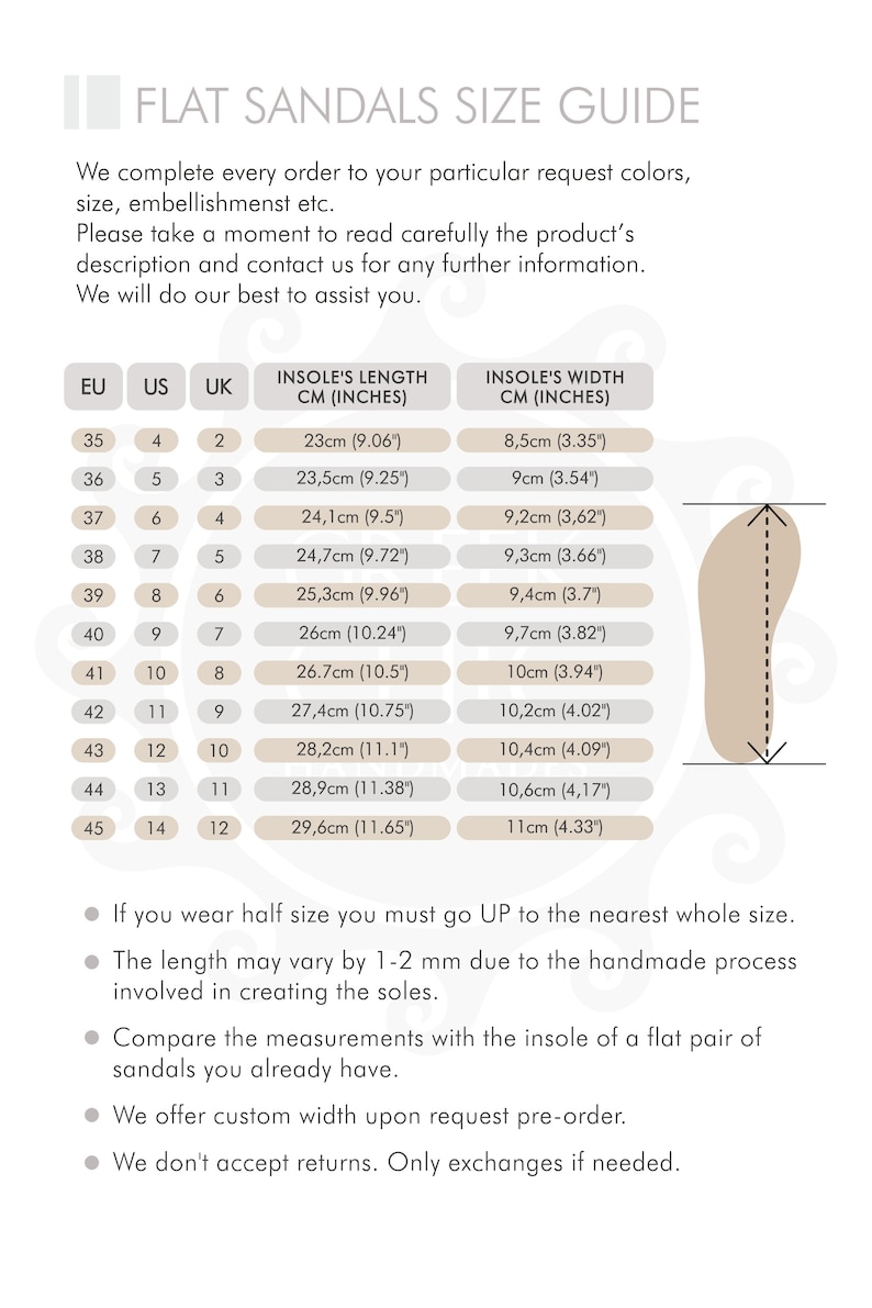 May include: A size guide for flat sandals with a chart showing European, US, and UK shoe sizes, along with corresponding insole length and width measurements in centimetres and inches.