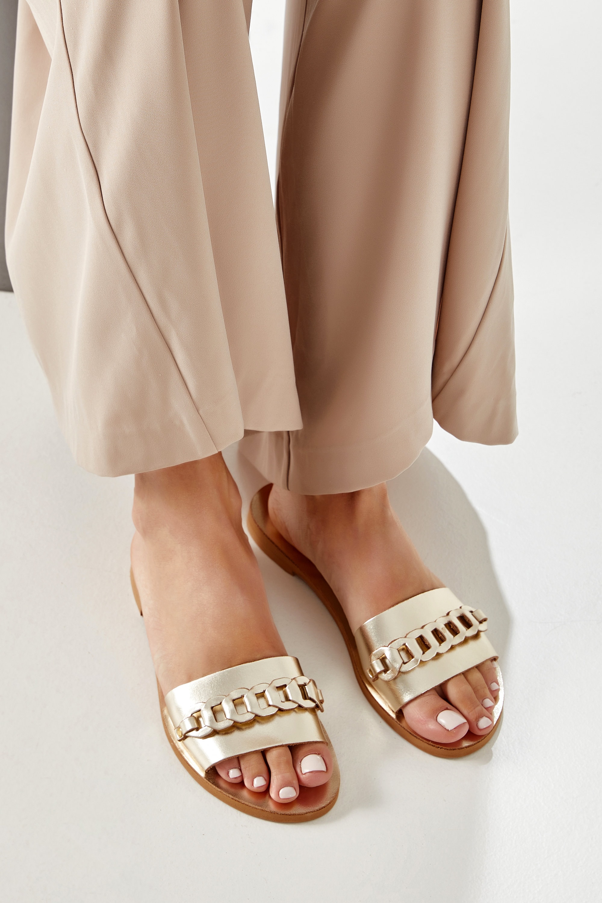Leather Sandals Women, Greek Sandals, Gold Slide Sandals, Metallic Flat Shoes, Gold Summer Shoes, Ekavi Design