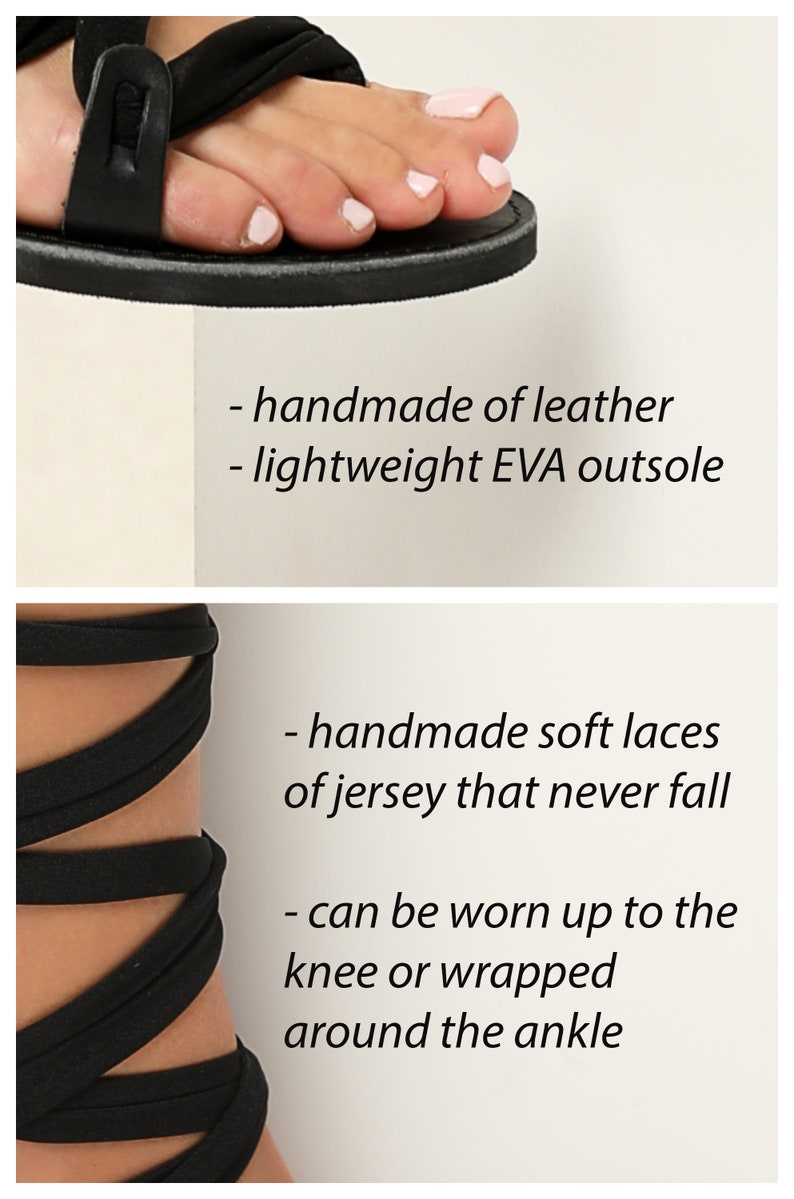 May include: Black leather sandals with a lightweight EVA outsole and adjustable jersey laces that can be worn up to the knee or wrapped around the ankle.