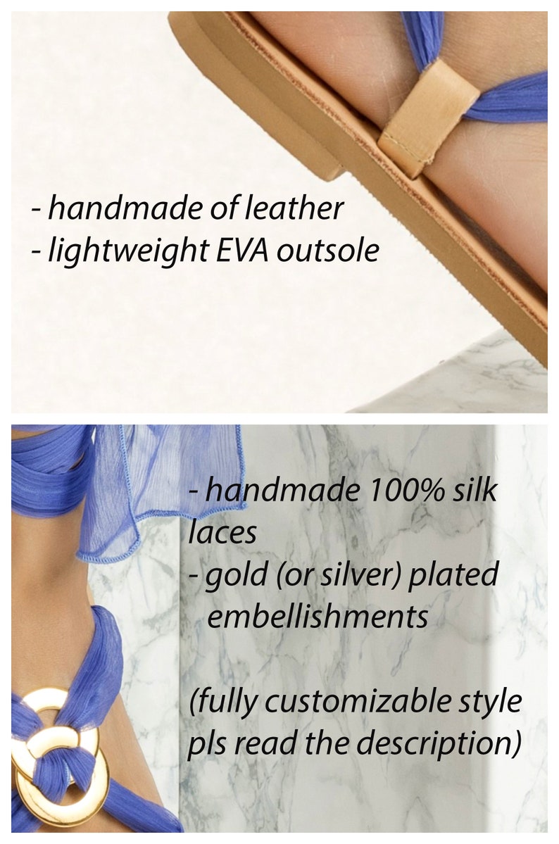 May include: Handmade leather sandals with a lightweight EVA outsole. The sandals feature blue silk laces and gold or silver plated embellishments. The description mentions that the style is fully customizable.