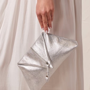 Silver Clutch Bag, Leather Clutch with Wrist Strap and Zipper, Evening Bag Silver, Wedding Clutch, Formal Handbag, Aliki Made to Order image 2