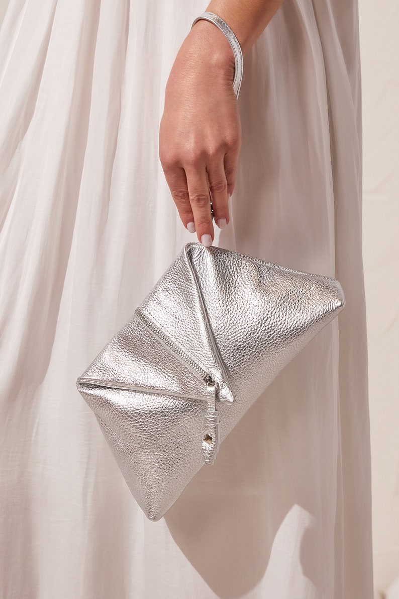 Silver Clutch Bag, Leather Clutch with Wrist Strap and Zipper, Evening Bag Silver, Wedding Clutch, Formal Handbag, Aliki Made to Order image 2