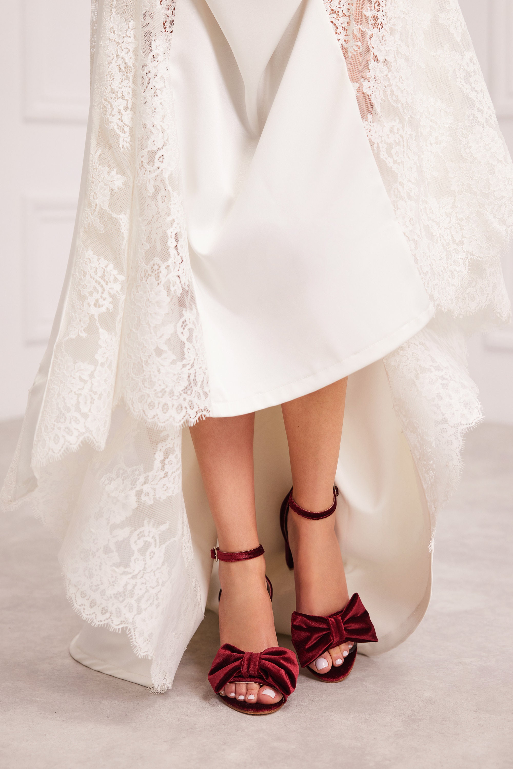 red shoes with ivory wedding dress Red Velvet Wedding Block Heel Sandals With Bow and Ankle Strap, 