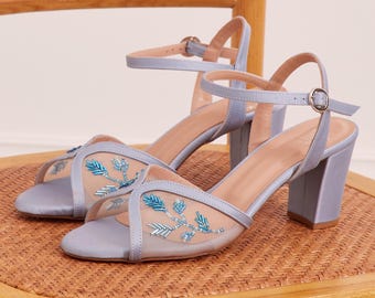 Light Blue Wedding Shoes, Beaded Embroidered, Peep Toe Heeled Sandals, "Kore", Custom Made