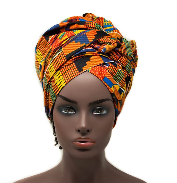 African Head wraps/ Blue/Orange Traditional Kente headwraps / HT336