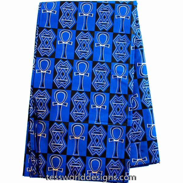 Blue Ankh fabric by the yard / Egyptian ankh fabric / Fabric from Africa/ African Fabrics / Reversible Ankara fabric/ Tribal print/ TP53B