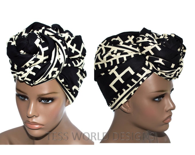 African Print Head Wraps/ Head Tie Fabric From Africa/ Black/ Ivory ...