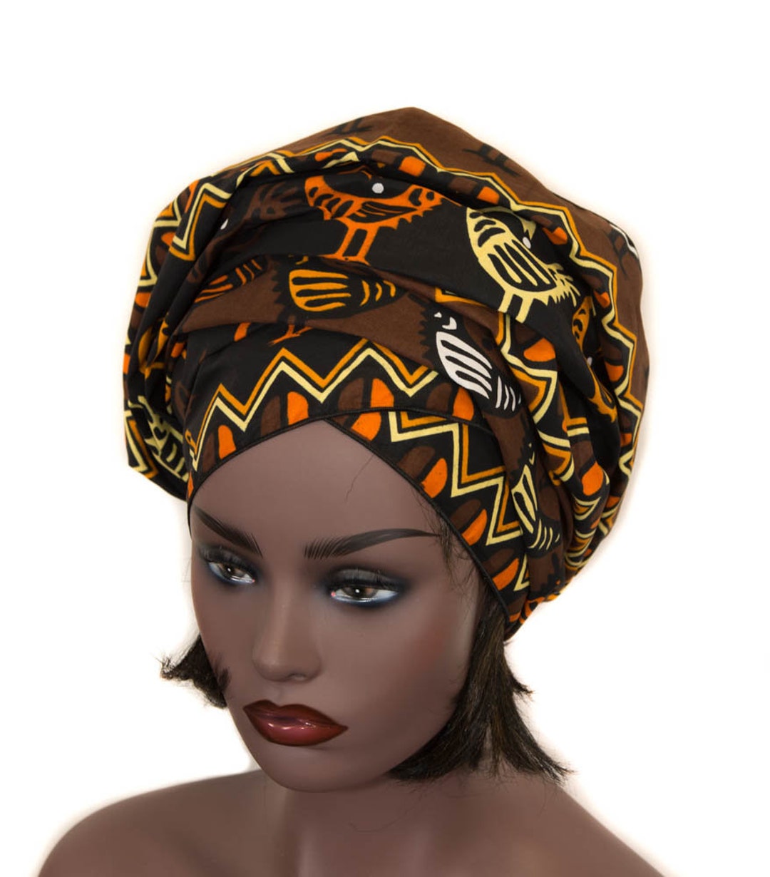 HT348 - Sankofa, African Fabric Head Wrap/ Black-brown