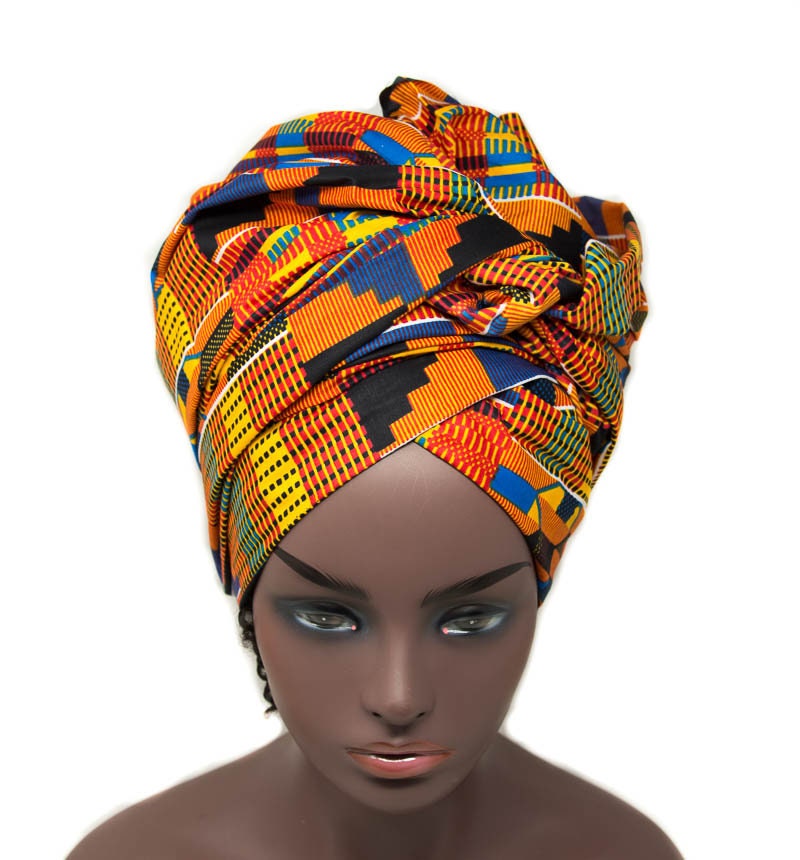 African Head Wraps/ Blue/orange ...