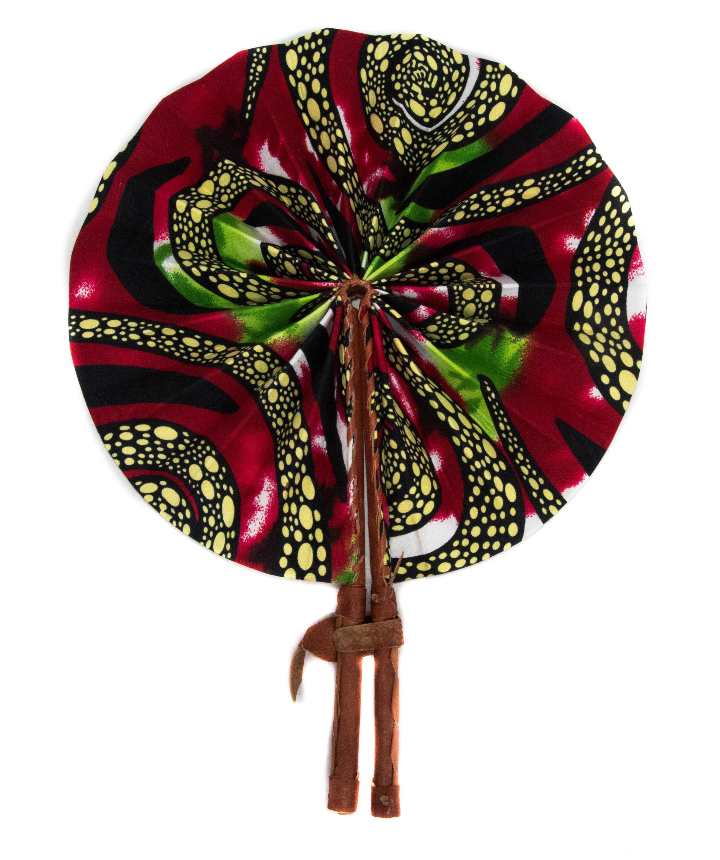 AC217 - Handmade Foldable African Fan, Leather Wax Print Hand Fan from Ghana, Cooling Fan Festivals, Weddings Decor Gift Ideas
