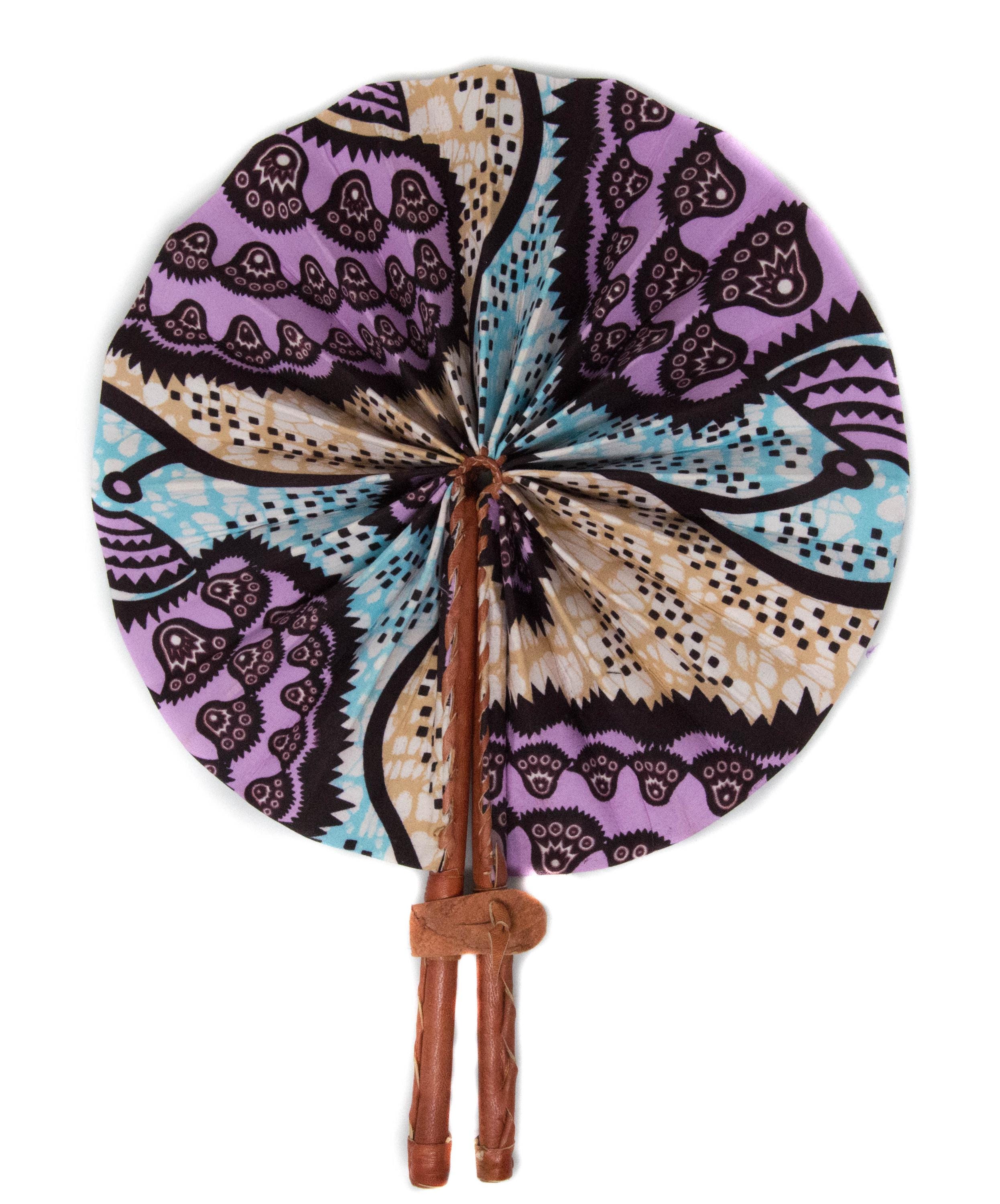 AC219 - Handmade Foldable African Fan, Leather Wax Print Hand Fan from Ghana, Cooling Fan Festivals, Weddings Decor Gift Ideas