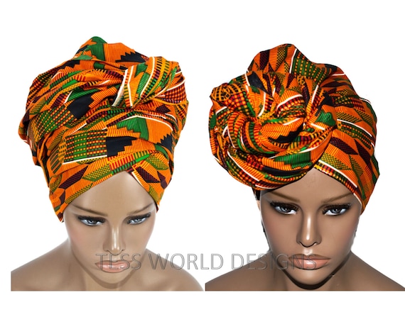 African Head Wraps Orange Traditional Kente Print Headwraps Etsy
