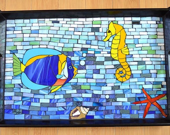 Handmade glass mosaic serving tray with sea creatures