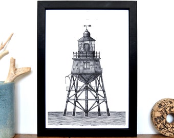 Lighthouse Print: Gunfleet Lighthouse, Signed A4 Print - Hand Illustrated